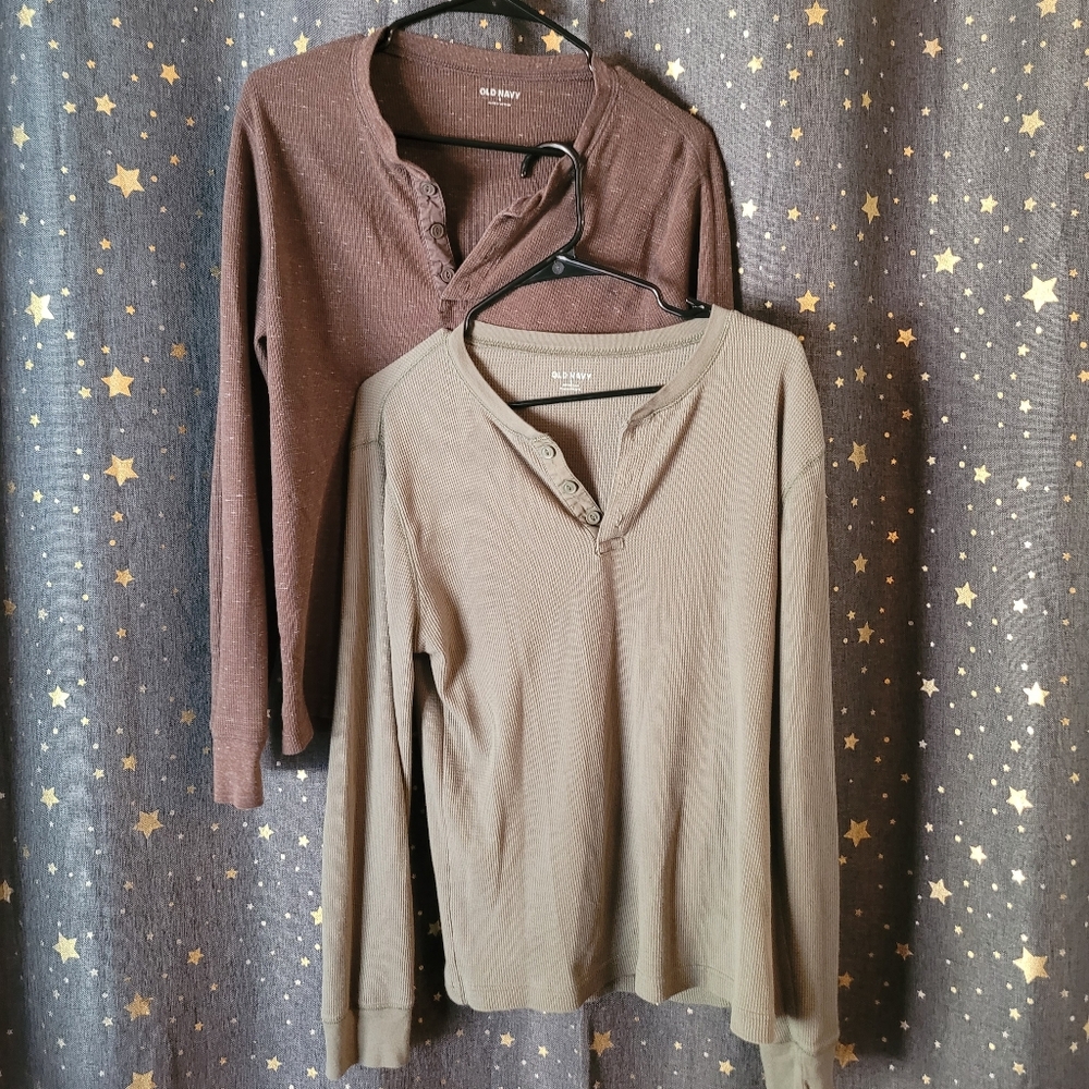 Old Navy | Men's Brown And Olive Henley Shirts 2-Pack Medium